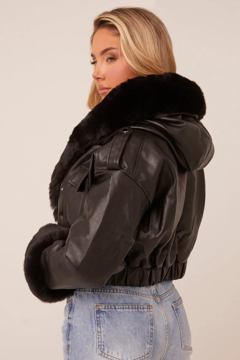 Black Faux Leather Fur Lined Bomber Jacket - Larna sold by Rebellious Fashion product image thumbnail 5