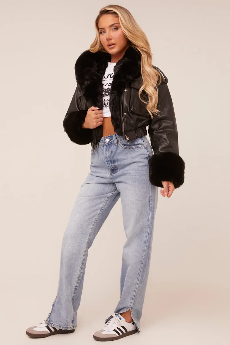 Black Faux Leather Fur Lined Bomber Jacket - Larna sold by Rebellious Fashion product image thumbnail 2
