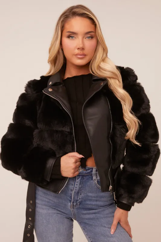 Black Faux Fur Biker Jacket - Chelsey sold by Rebellious Fashion