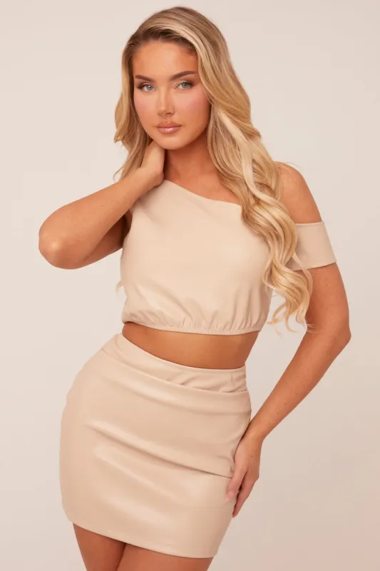 Beige Faux Leather One shoulder Cropped Top & Mini Skirt Co-ord Set - Carissa sold by Rebellious Fashion