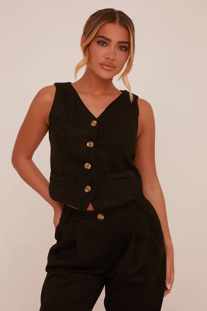 Black Button Up Front Waistcoat - Dinara sold by Rebellious Fashion