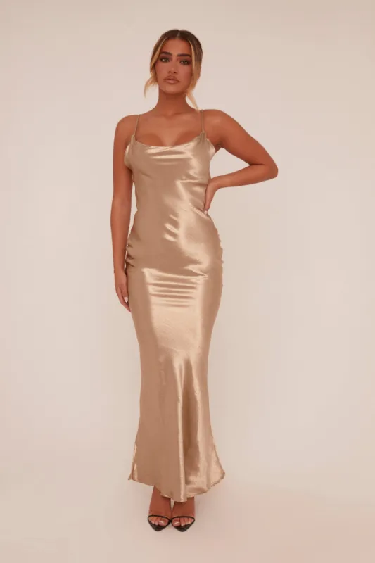 Gold Satin Cowl Neck Maxi Dress - Jesi sold by Rebellious Fashion