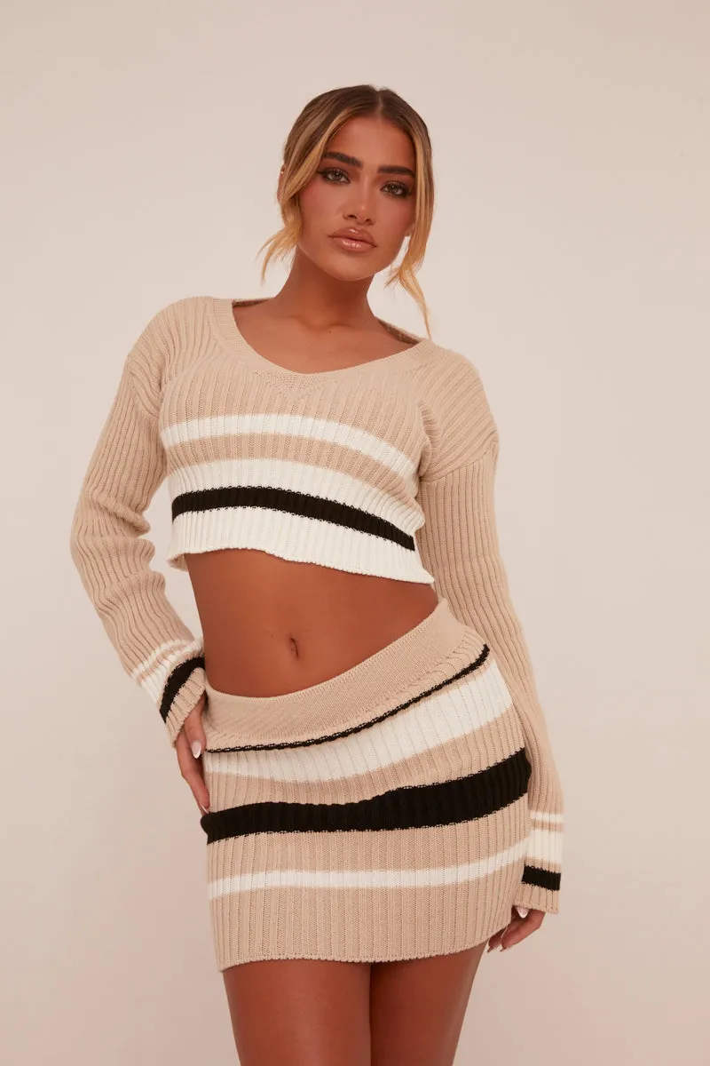 Beige Knit Striped Cropped Top & Mini Skirt Co-ord Set - Alonii sold by Rebellious Fashion product image thumbnail 2