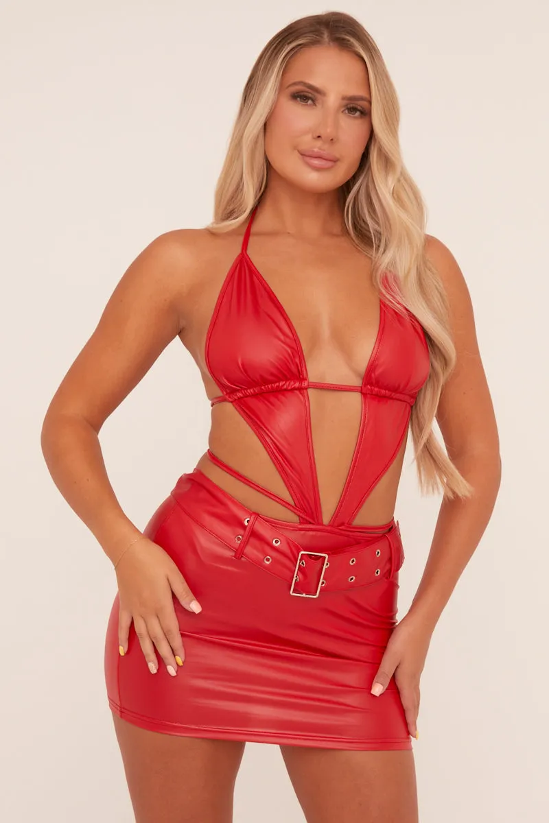 Red Faux Leather Halter Tie Detail Mini Dress - Annalina sold by Rebellious Fashion