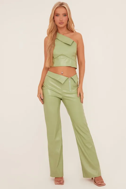 Sage Faux Leather One Shoulder Top & Trousers Co-ord Set - Lydian sold by Rebellious Fashion