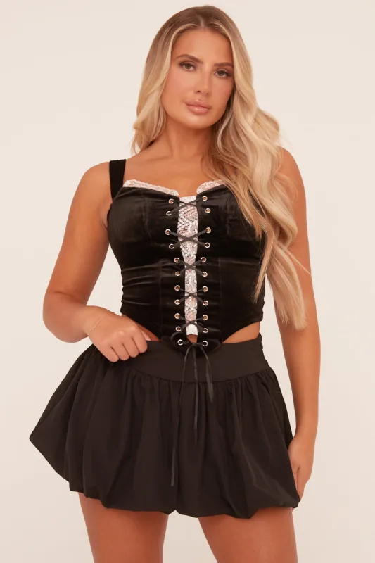 Black Lace Trim Tie Front Corset Top - Marlene sold by Rebellious Fashion