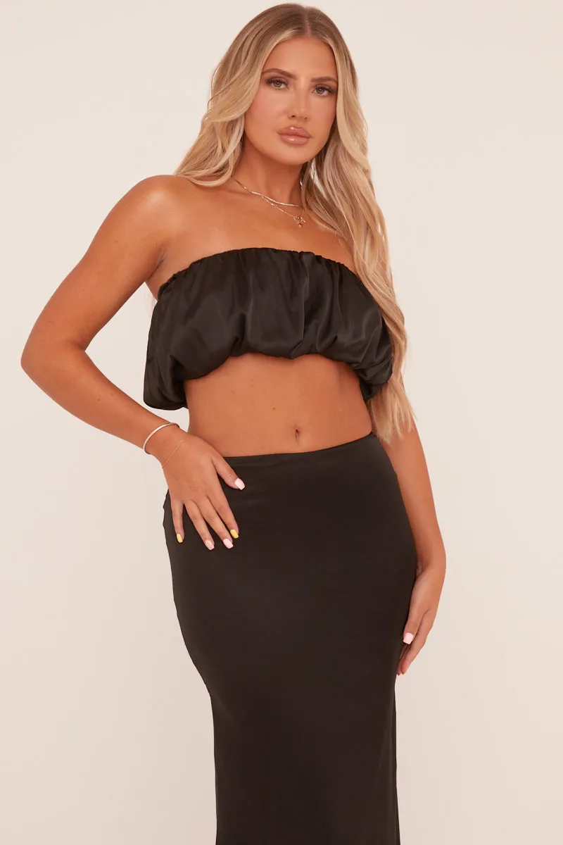 Black Satin Puffball Cropped Top & Maxi Skirt Co-ord Set - Balbina sold by Rebellious Fashion product image thumbnail 2
