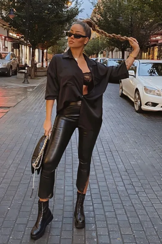 Black Side Split PU Trouser - Elouise sold by Rebellious Fashion