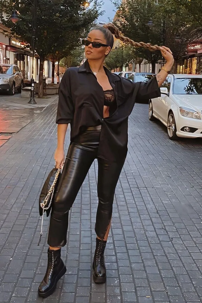 Black Side Split PU Trouser - Elouise sold by Rebellious Fashion