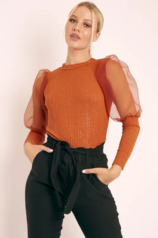 Rust Metallic Puff Sleeve High Neck Top - Blaike sold by Rebellious Fashion