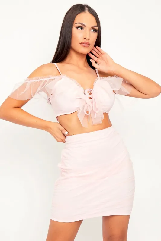 Pink Mesh Frill Crop Top + Skirt Co-ord - Pansy sold by Rebellious Fashion
