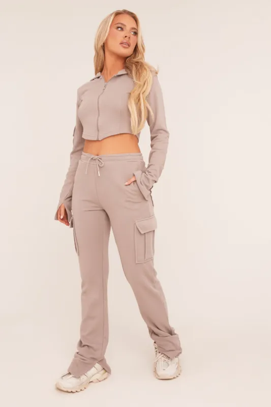 Grey Zip Front Hoodie & Cargo Joggers Loungewear Co-ord Set - Saina sold by Rebellious Fashion