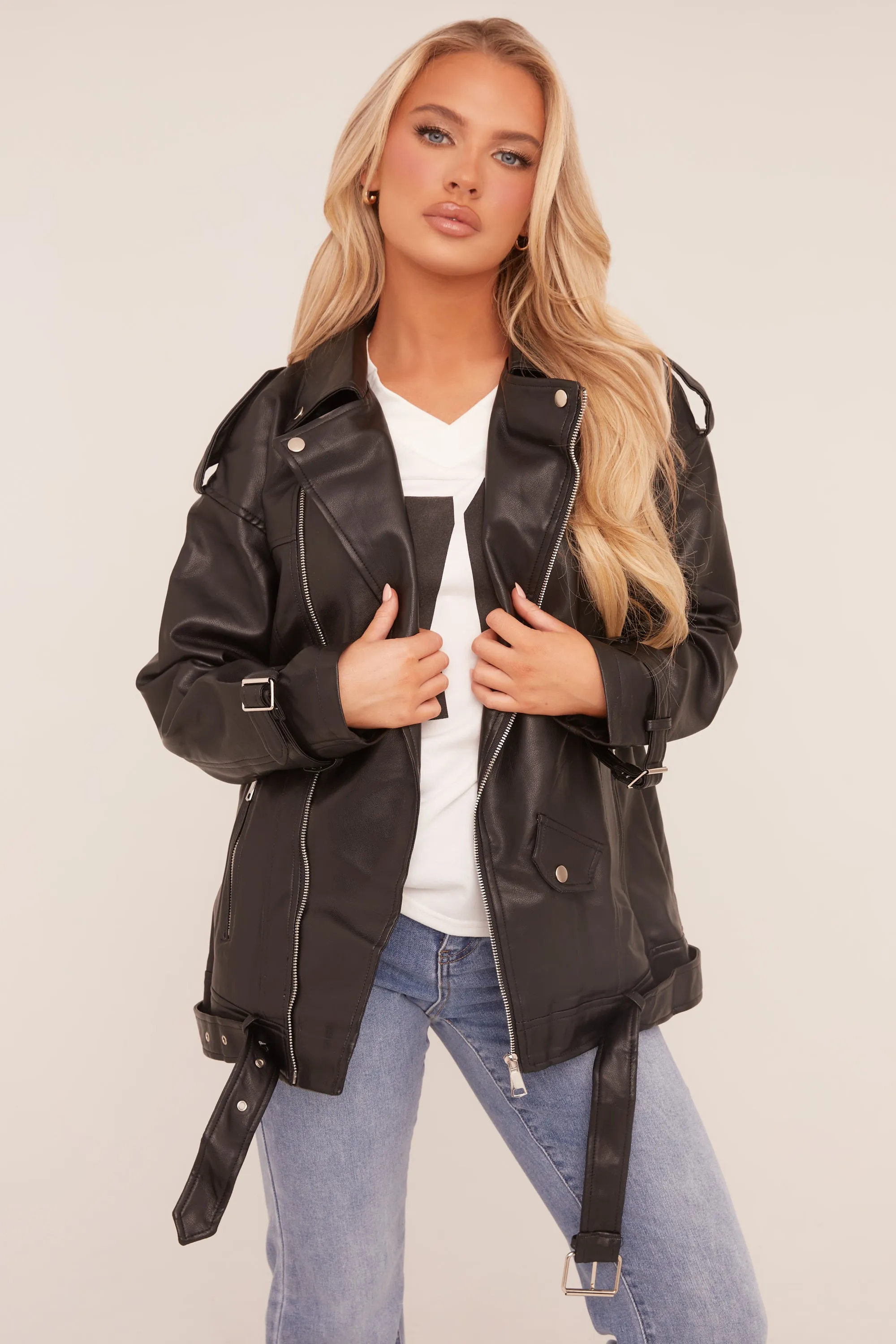 Black Faux Leather Longline Biker Jacket - Billie sold by Rebellious Fashion