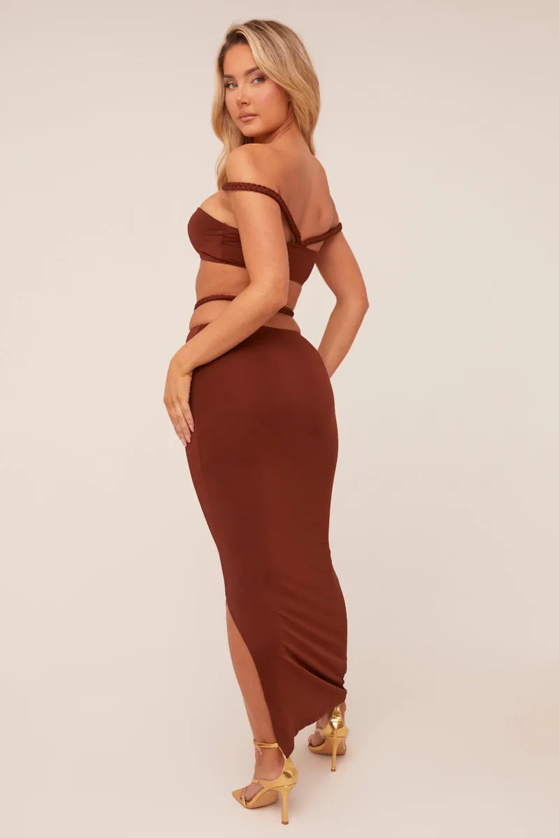 Brown Bardot Cropped Top & Maxi Skirt Co-ord Set - Constance sold by Rebellious Fashion product image thumbnail 5