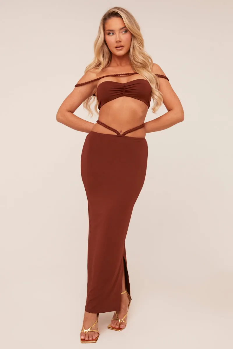 Brown Bardot Cropped Top & Maxi Skirt Co-ord Set - Constance sold by Rebellious Fashion product image thumbnail 2