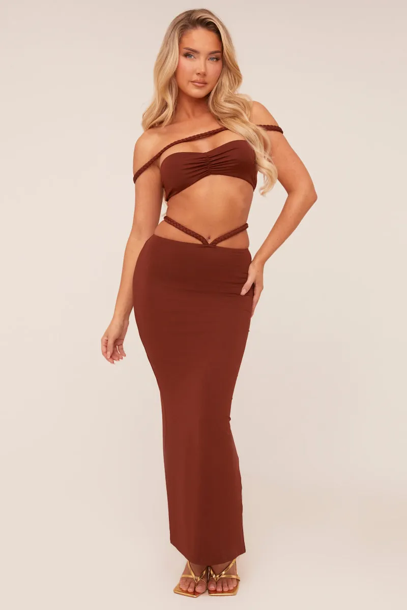 Brown Bardot Cropped Top & Maxi Skirt Co-ord Set - Constance sold by Rebellious Fashion