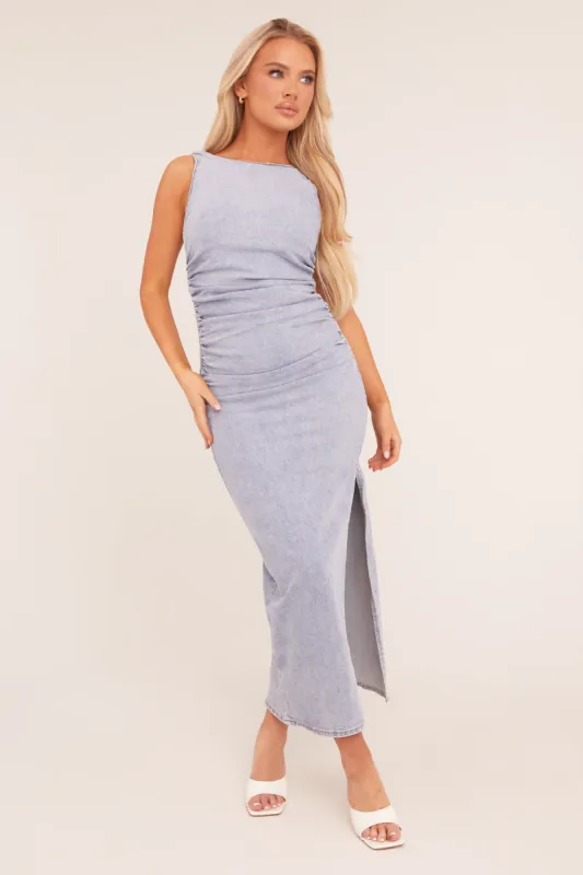 Light Blue Stretch Denim Ruched Side Slit Maxi Dress - Ashleigh sold by Rebellious Fashion