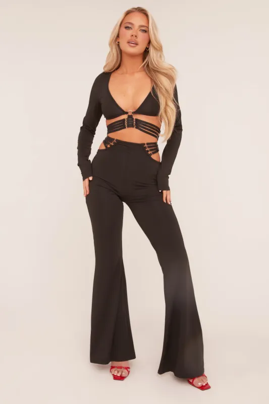 Black Strap Detail Cropped Top & Kick Flare Trouser Co-ord Set - Jemima sold by Rebellious Fashion
