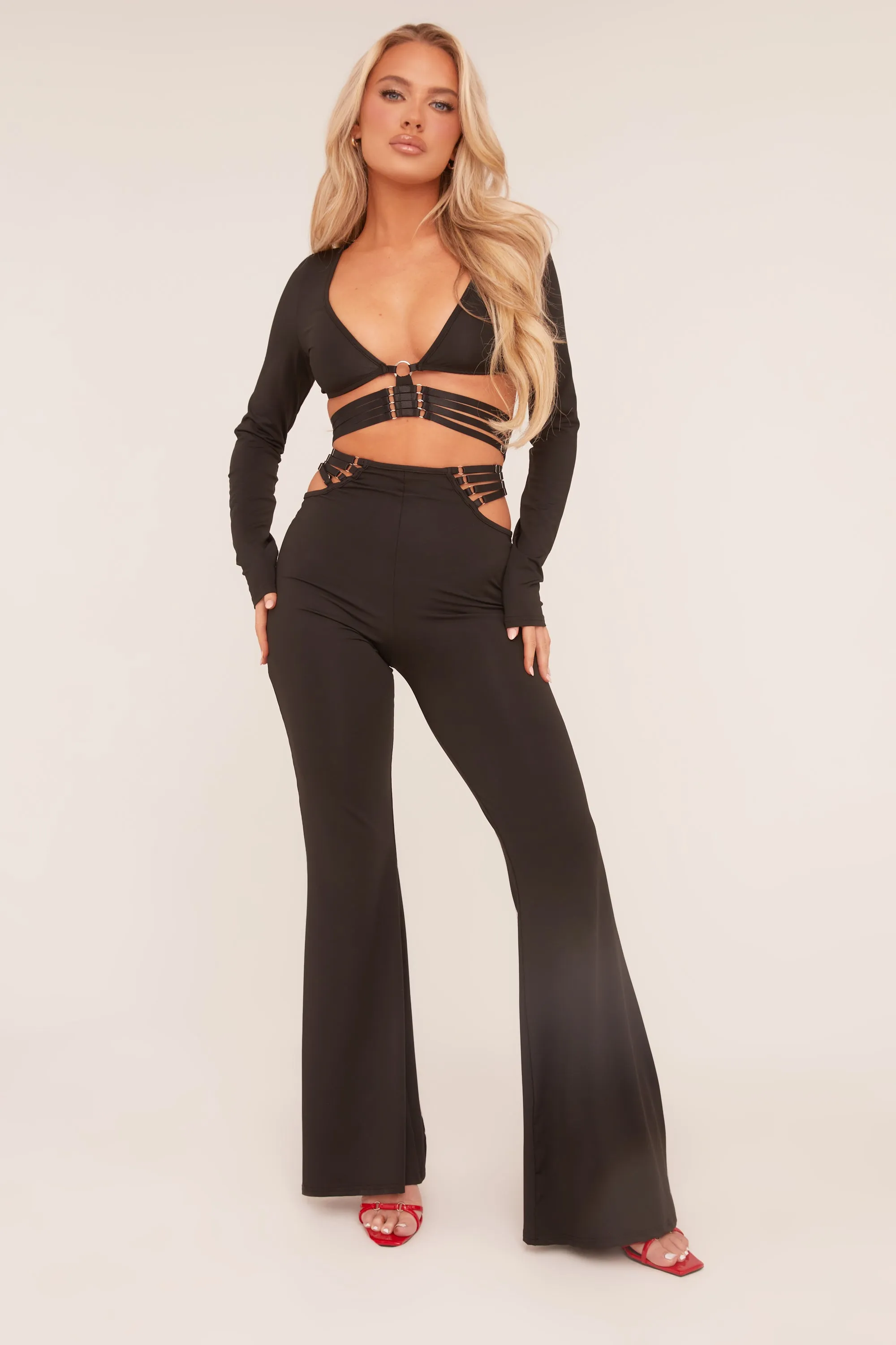 Black Strap Detail Cropped Top & Kick Flare Trouser Co-ord Set - Jemima sold by Rebellious Fashion product image thumbnail 2