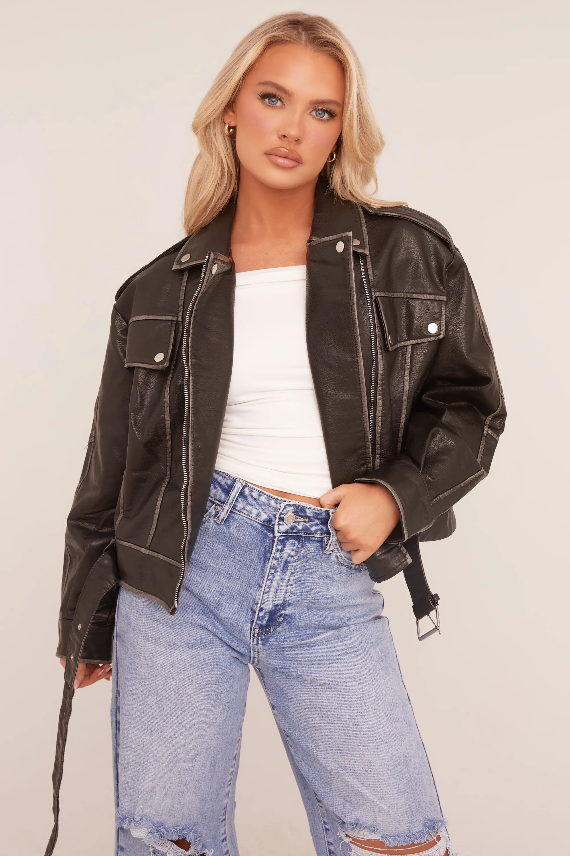 Black Faux Leather Pocket Detail Biker Jacket - Evelyn sold by Rebellious Fashion product image thumbnail 3