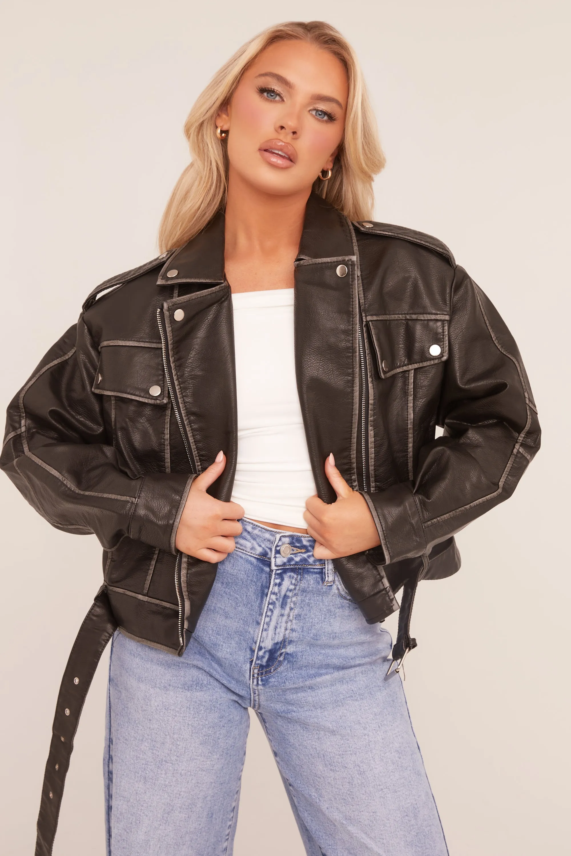 Black Faux Leather Pocket Detail Biker Jacket - Evelyn sold by Rebellious Fashion