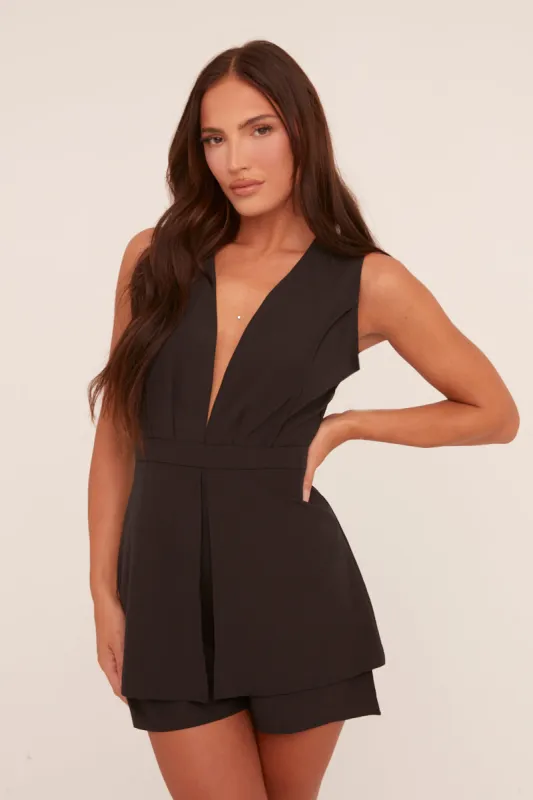 Black Plunge Neck Sleeveless Playsuit -  Tatum sold by Rebellious Fashion