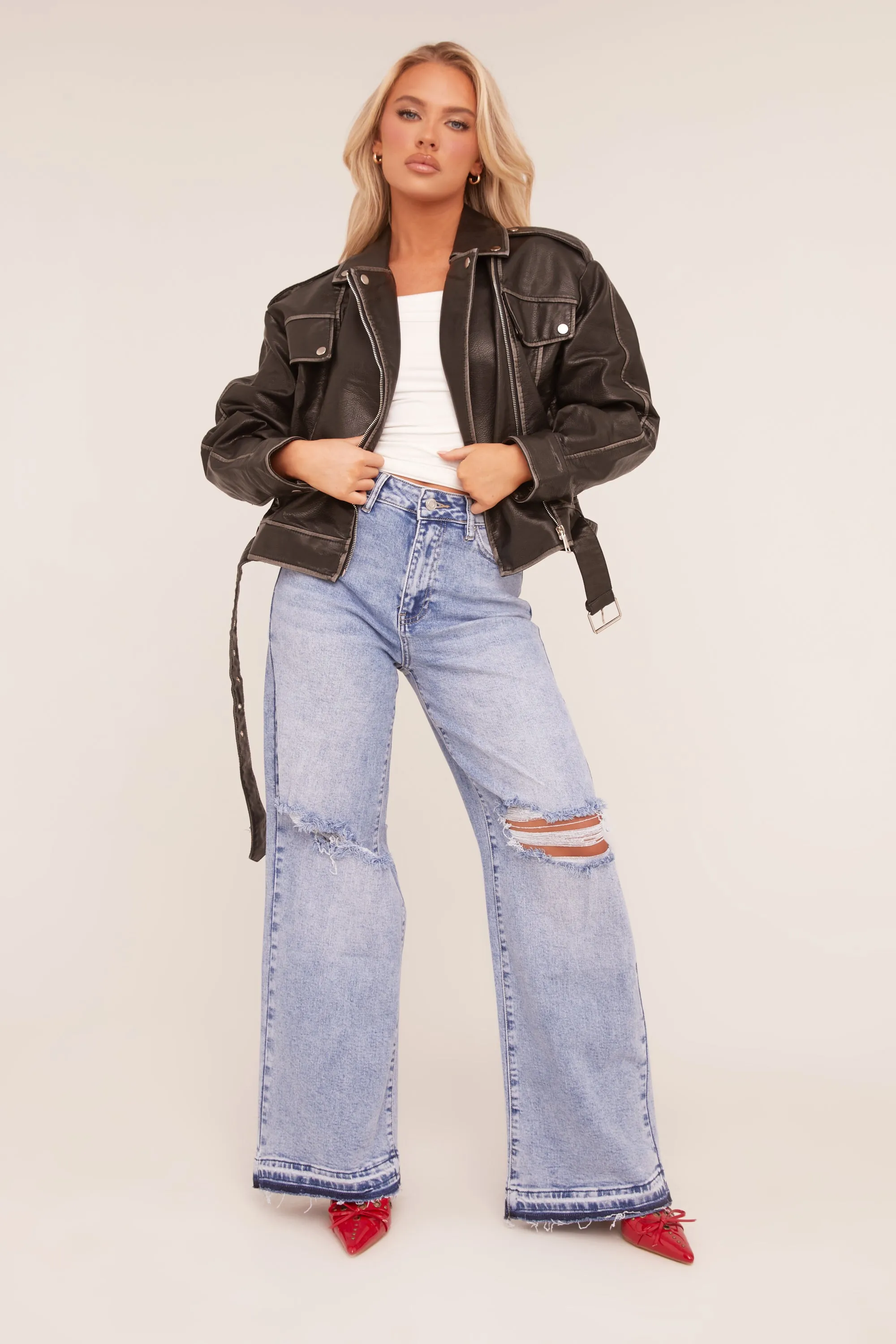 Light Blue Stretch Distressed Wide Leg Jeans - Bluebell sold by Rebellious Fashion