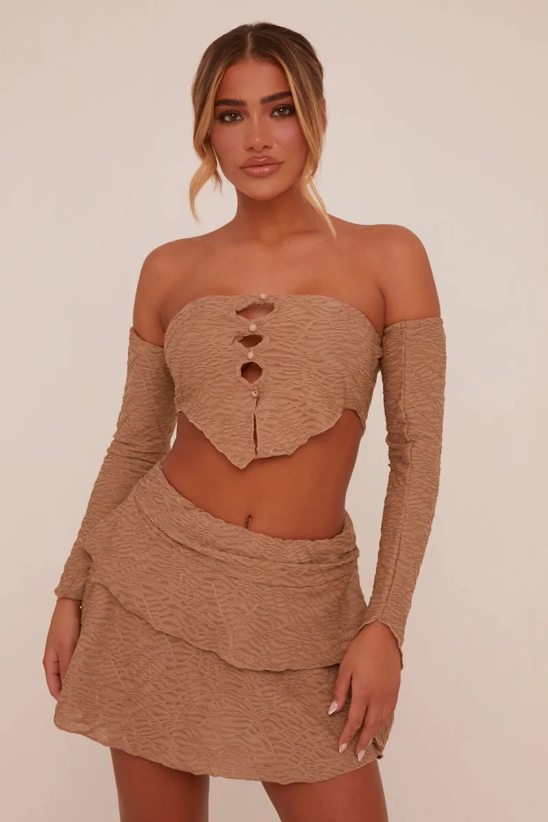 Beige Bandeau Cut Out Crop Top & Frill Detail Mini skirt Co-ord Set - Zelda sold by Rebellious Fashion