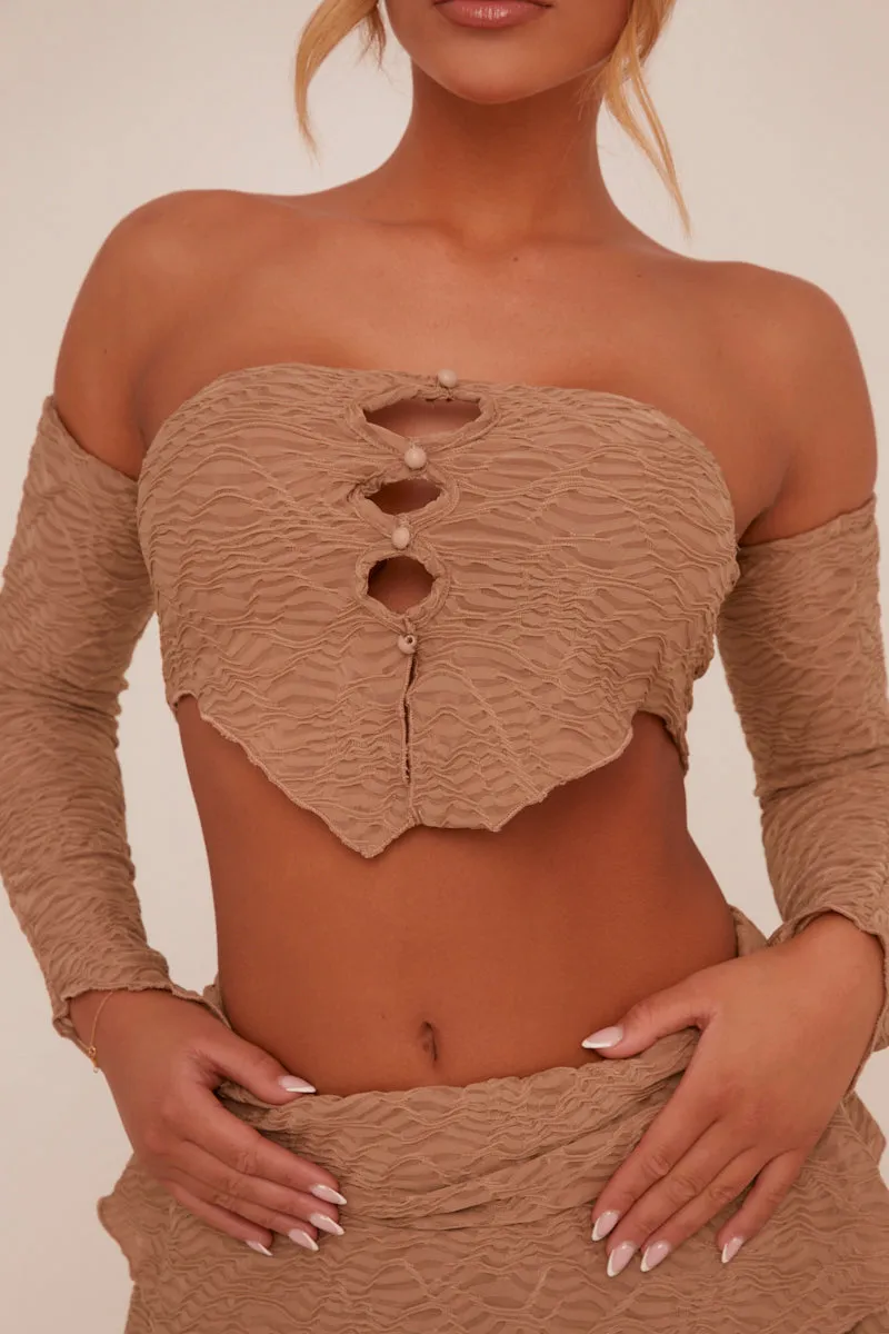 Beige Bandeau Cut Out Crop Top & Frill Detail Mini skirt Co-ord Set - Zelda sold by Rebellious Fashion product image thumbnail 4