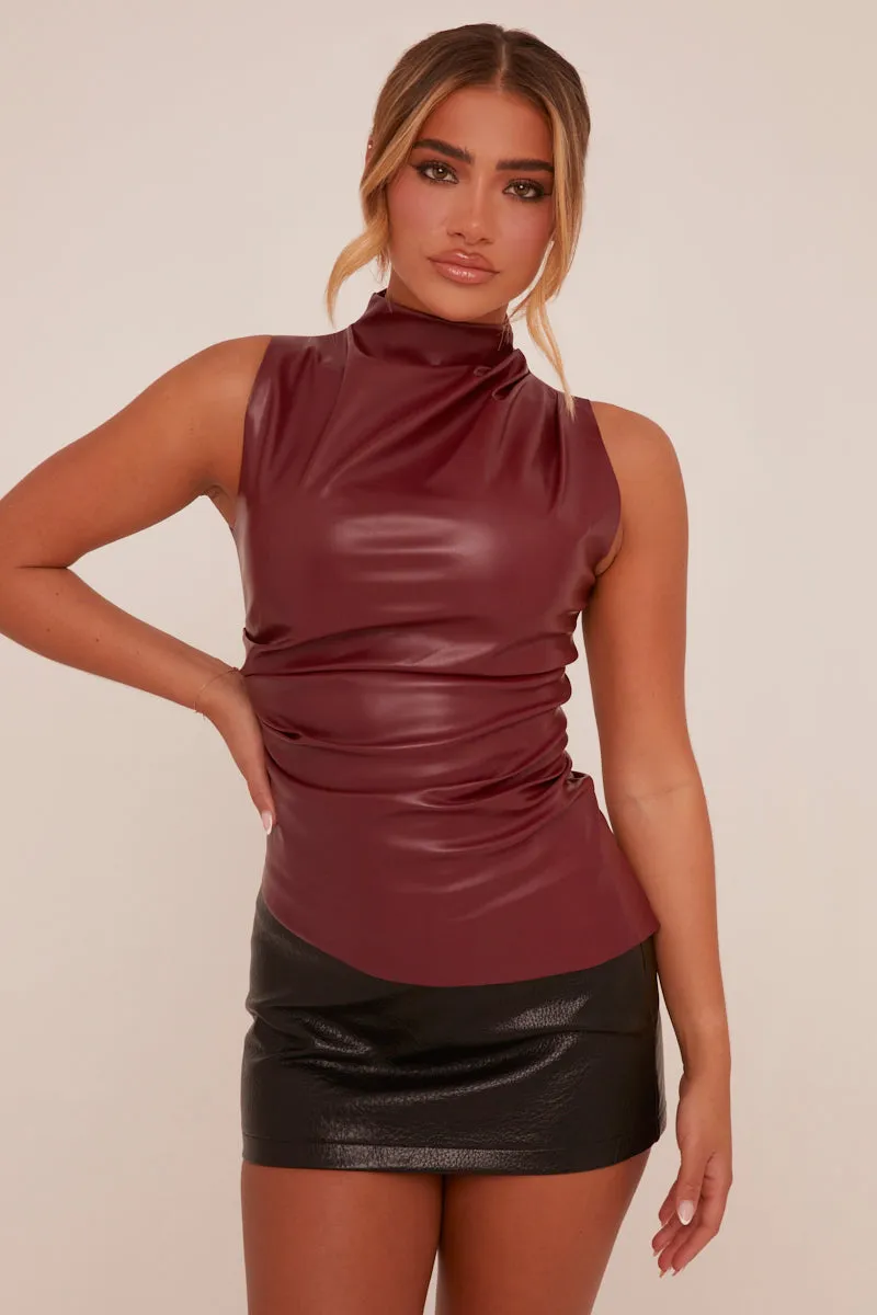 Burgundy Faux Leather Ruched Top - Danica sold by Rebellious Fashion