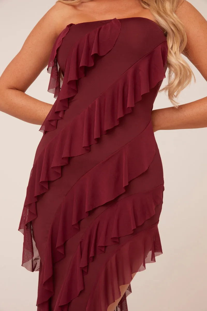 Burgundy Bandeau Frill Detail Maxi Dress - Gillian sold by Rebellious Fashion product image thumbnail 3