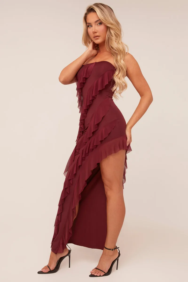 Burgundy Bandeau Frill Detail Maxi Dress - Gillian sold by Rebellious Fashion product image thumbnail 2