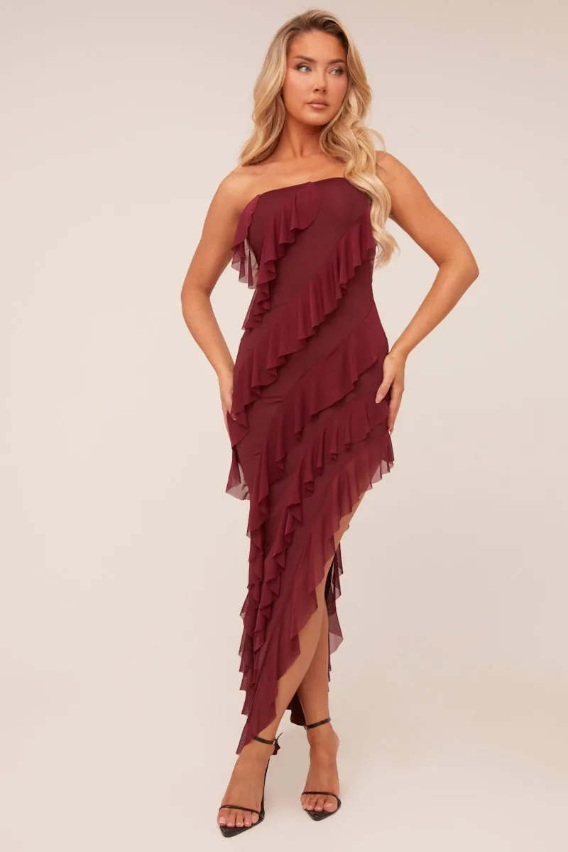 Burgundy Bandeau Frill Detail Maxi Dress - Gillian sold by Rebellious Fashion