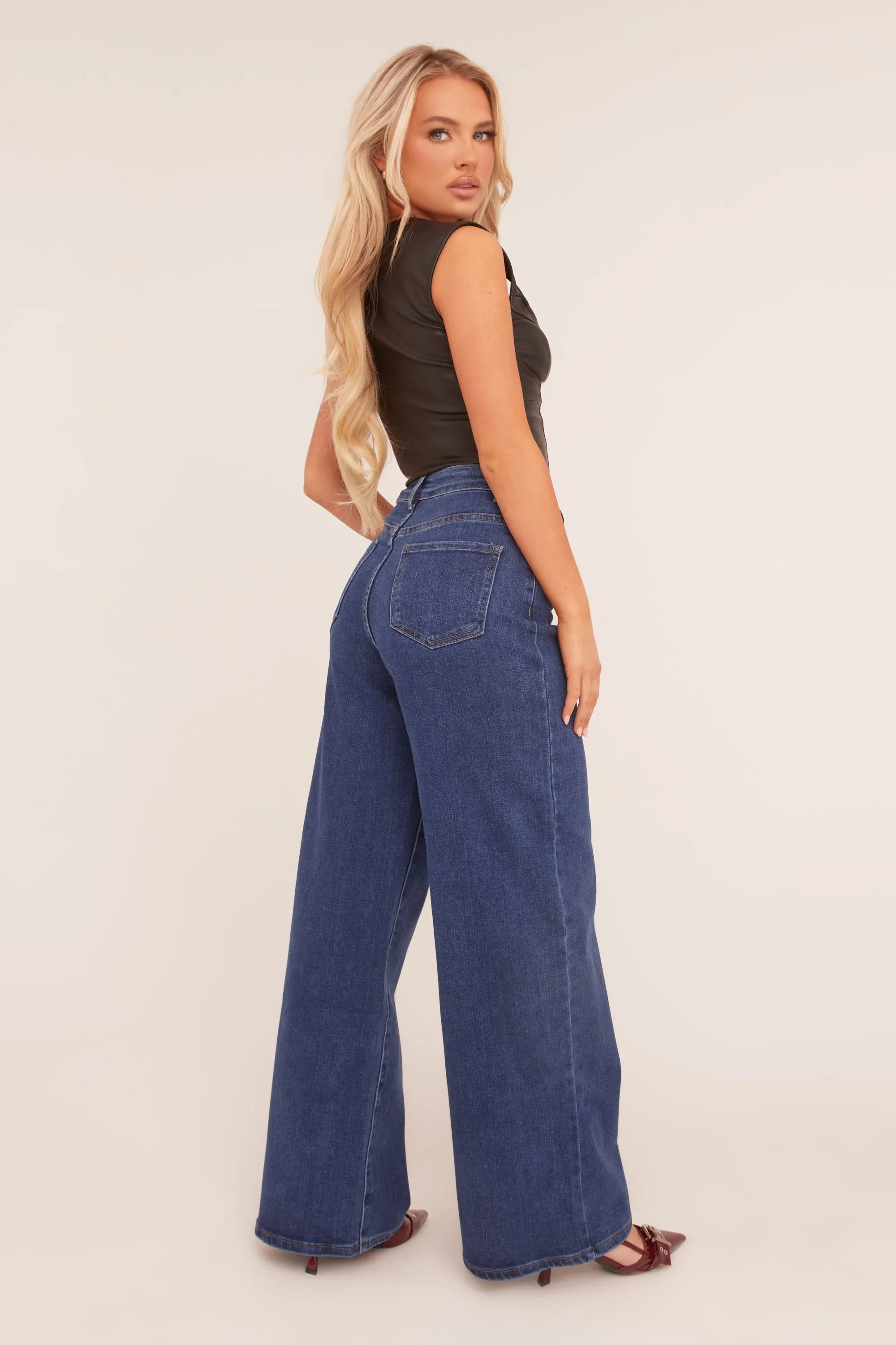 Dark Blue Stretch Wide Leg Jeans - Paige sold by Rebellious Fashion product image thumbnail 5