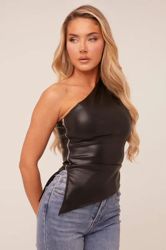 Black Faux Leather One Shoulder Top - Candace sold by Rebellious Fashion