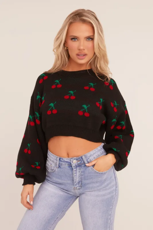 Black Cherry Print Cropped Jumper - Emaline sold by Rebellious Fashion