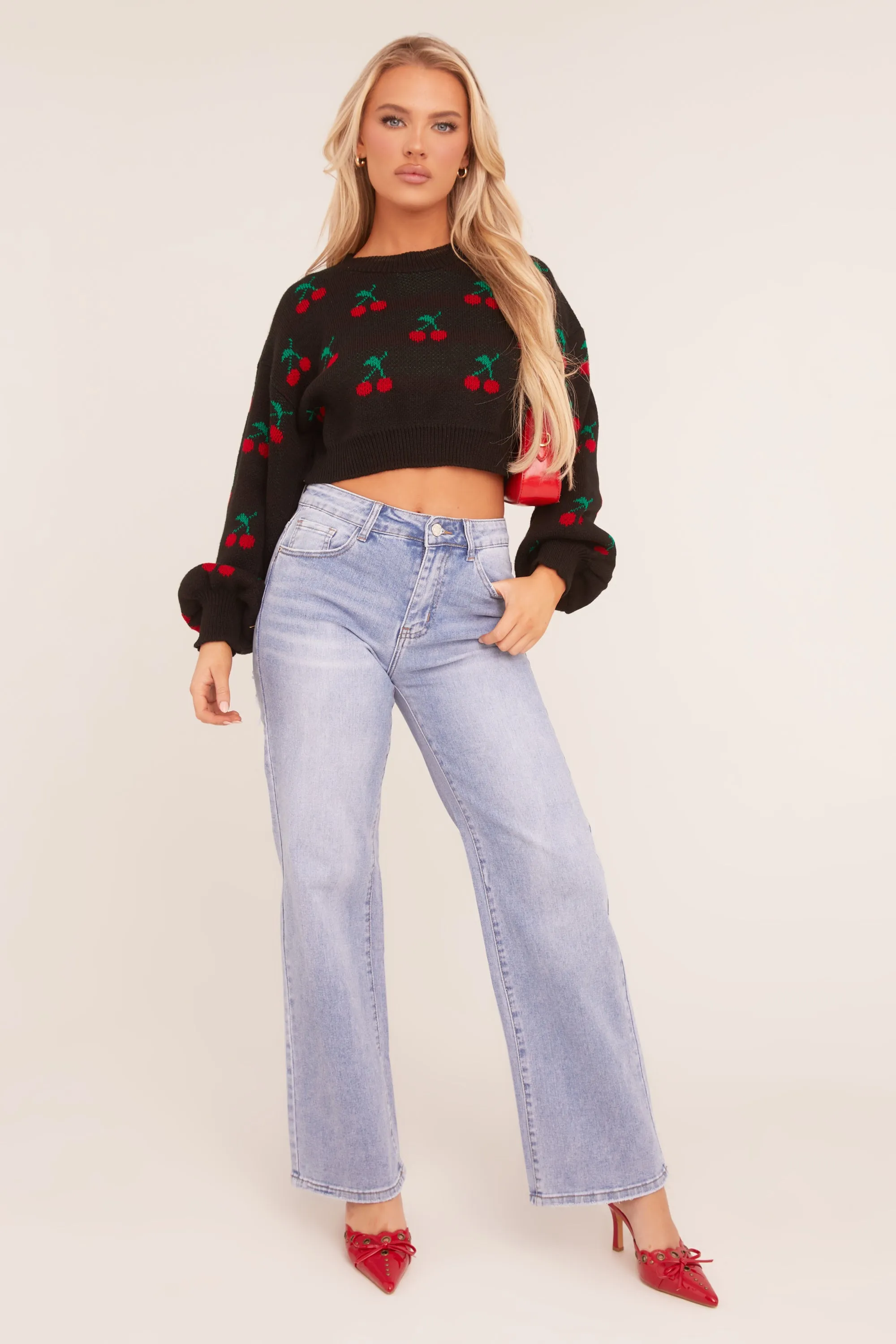 Black Cherry Print Cropped Jumper - Emaline sold by Rebellious Fashion product image thumbnail 2