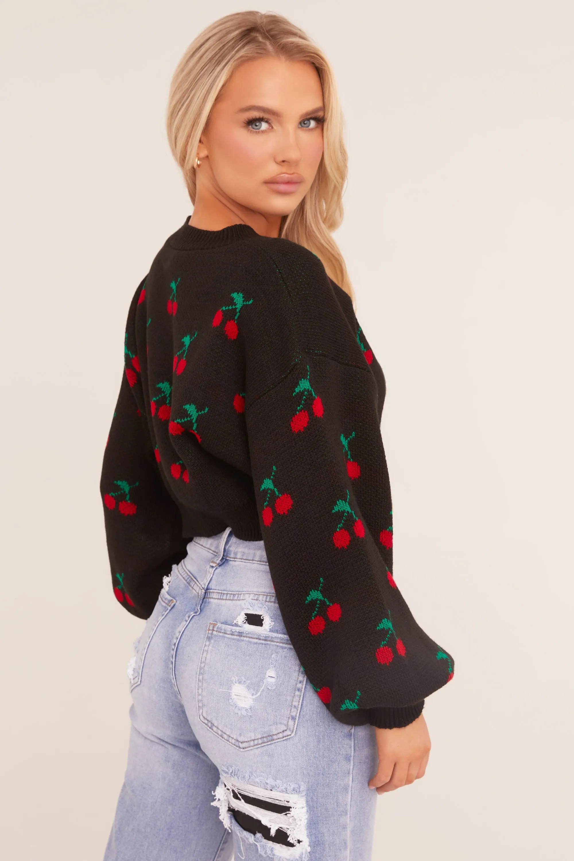 Black Cherry Print Cropped Jumper - Emaline sold by Rebellious Fashion product image thumbnail 5