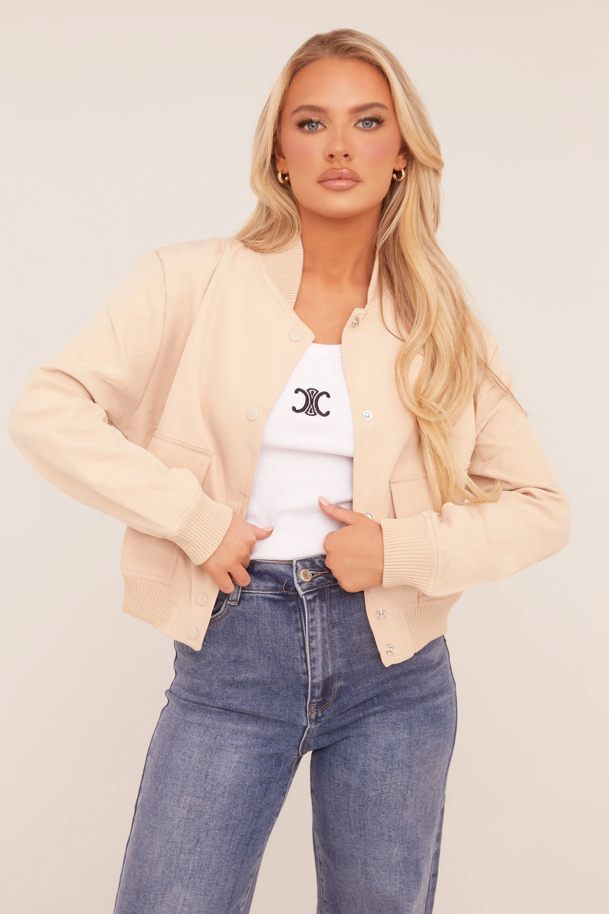 Beige Pocket Detail Bomber Jacket - Estelle sold by Rebellious Fashion product image thumbnail 4