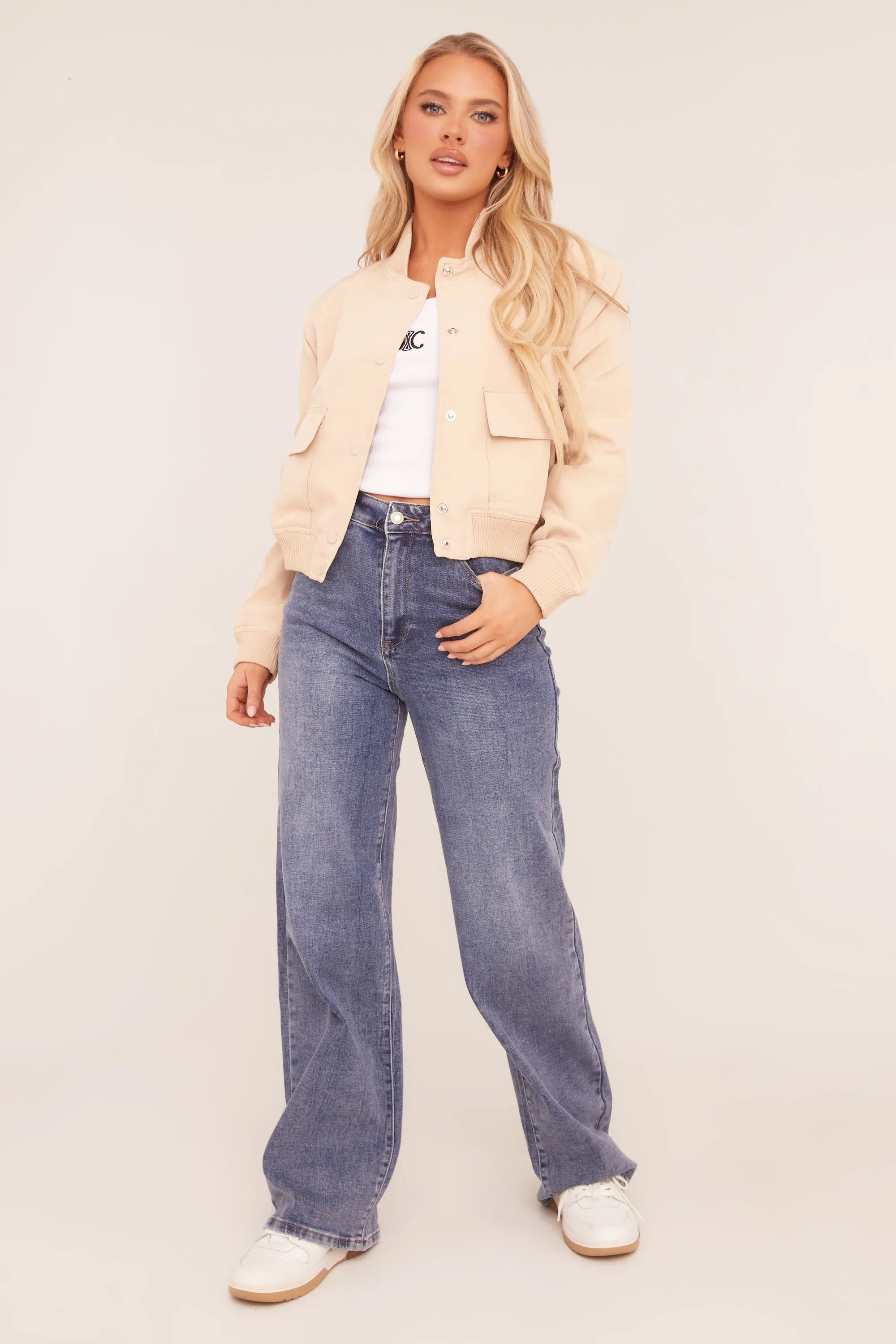 Beige Pocket Detail Bomber Jacket - Estelle sold by Rebellious Fashion product image thumbnail 2