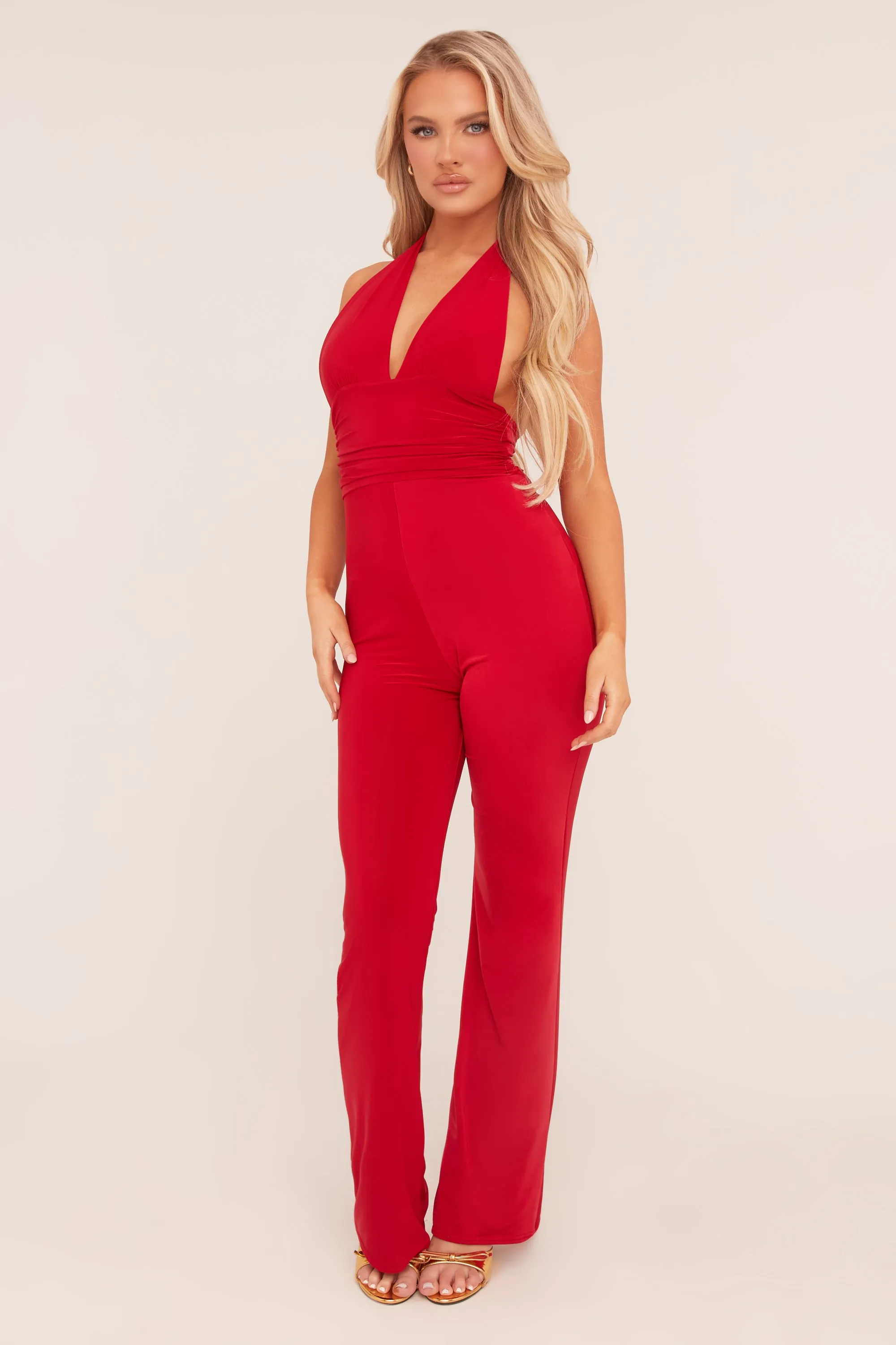 Red Plunge Halter Neck Flared Jumpsuit - Brielle sold by Rebellious Fashion product image thumbnail 2