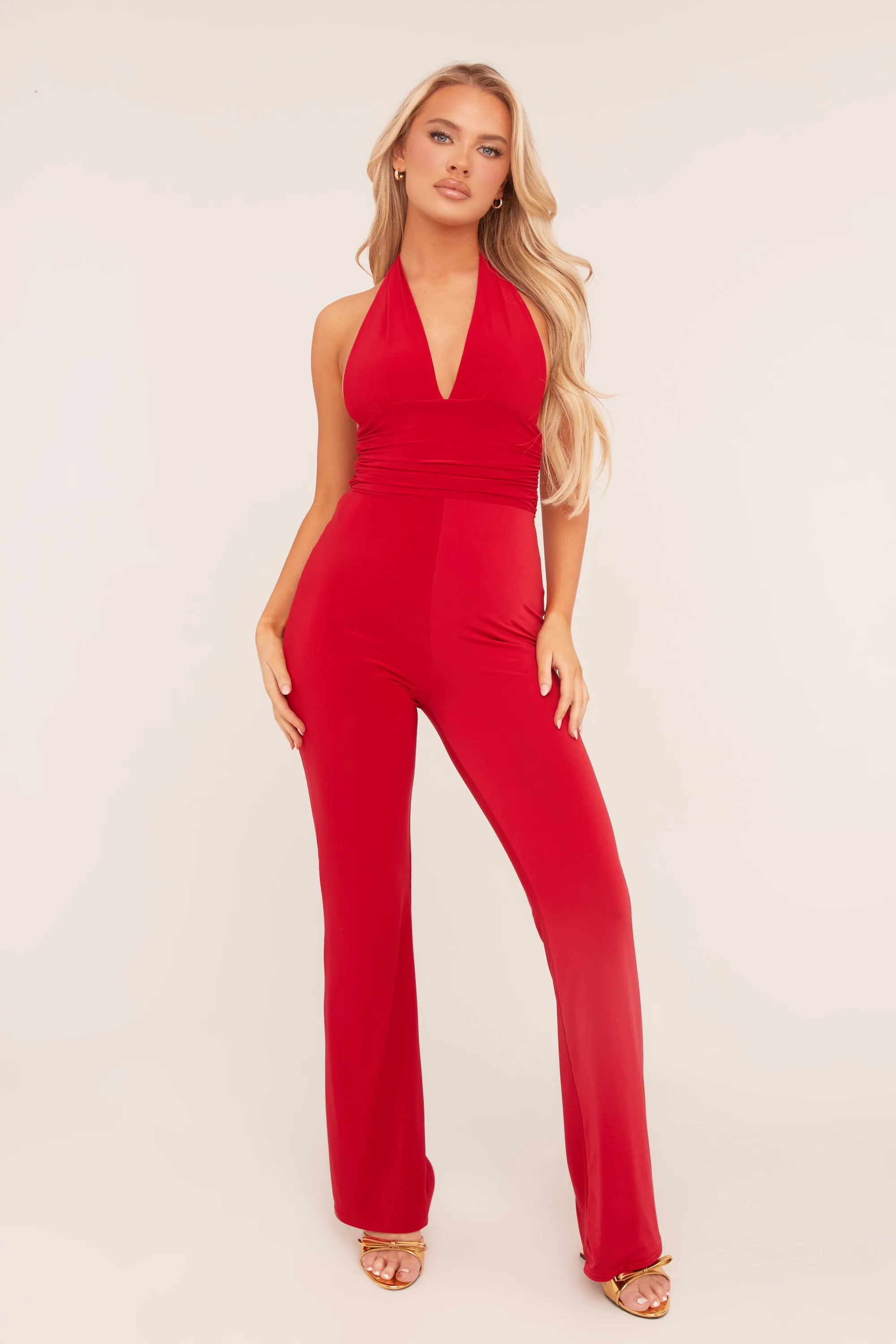 Red Plunge Halter Neck Flared Jumpsuit - Brielle sold by Rebellious Fashion