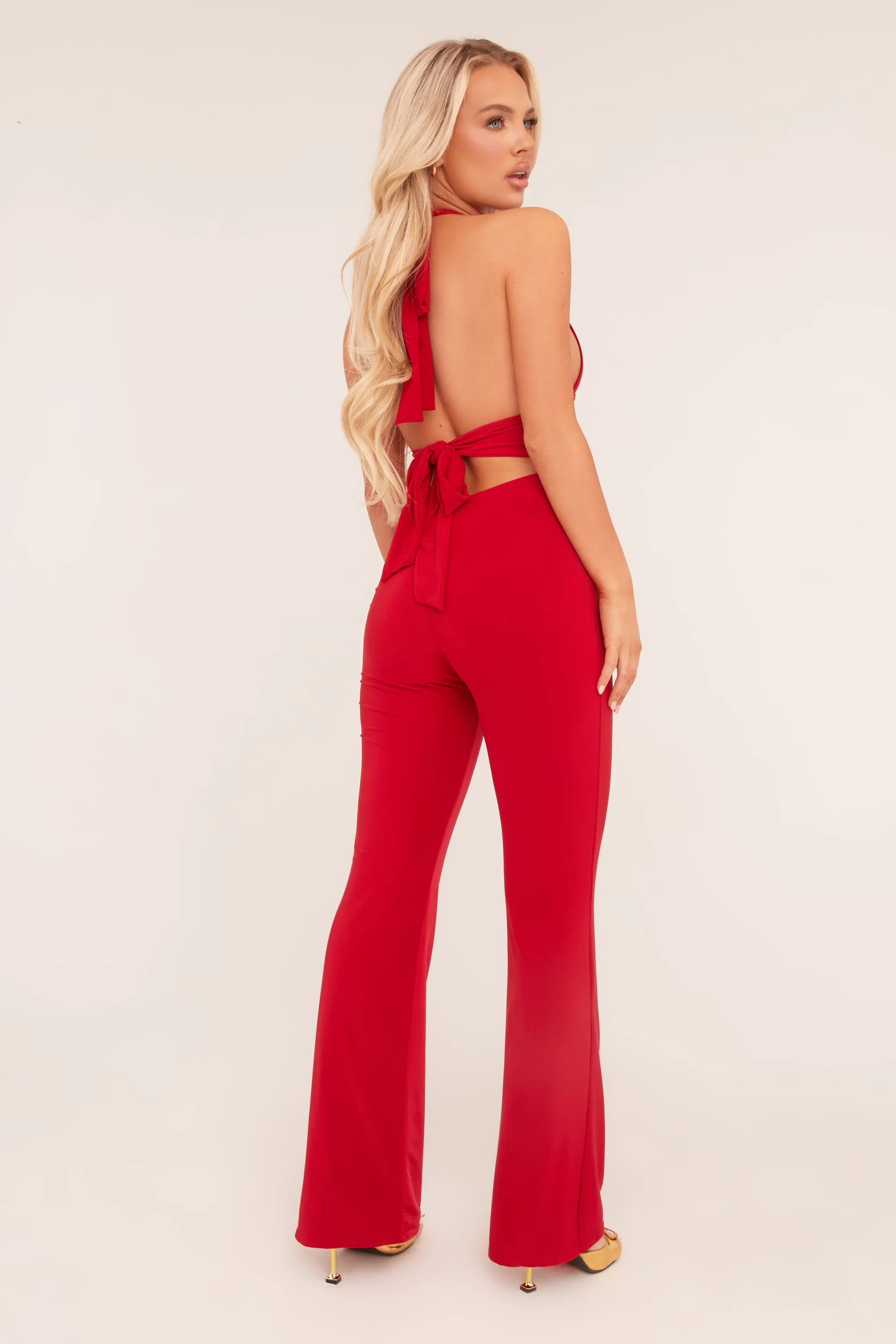 Red Plunge Halter Neck Flared Jumpsuit - Brielle sold by Rebellious Fashion product image thumbnail 5