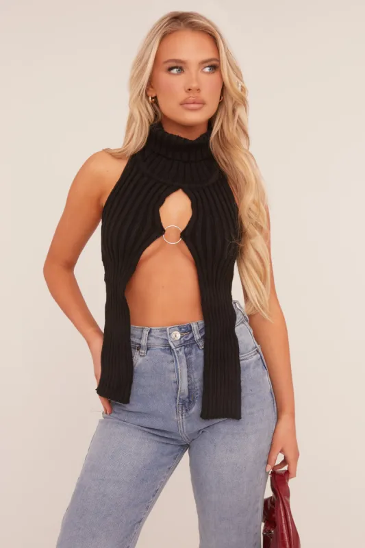 Black Knit High Neck Backless Top - Opal sold by Rebellious Fashion
