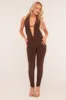 Brown Plunge Halter Neck Jumpsuit - Liliana sold by Rebellious Fashion