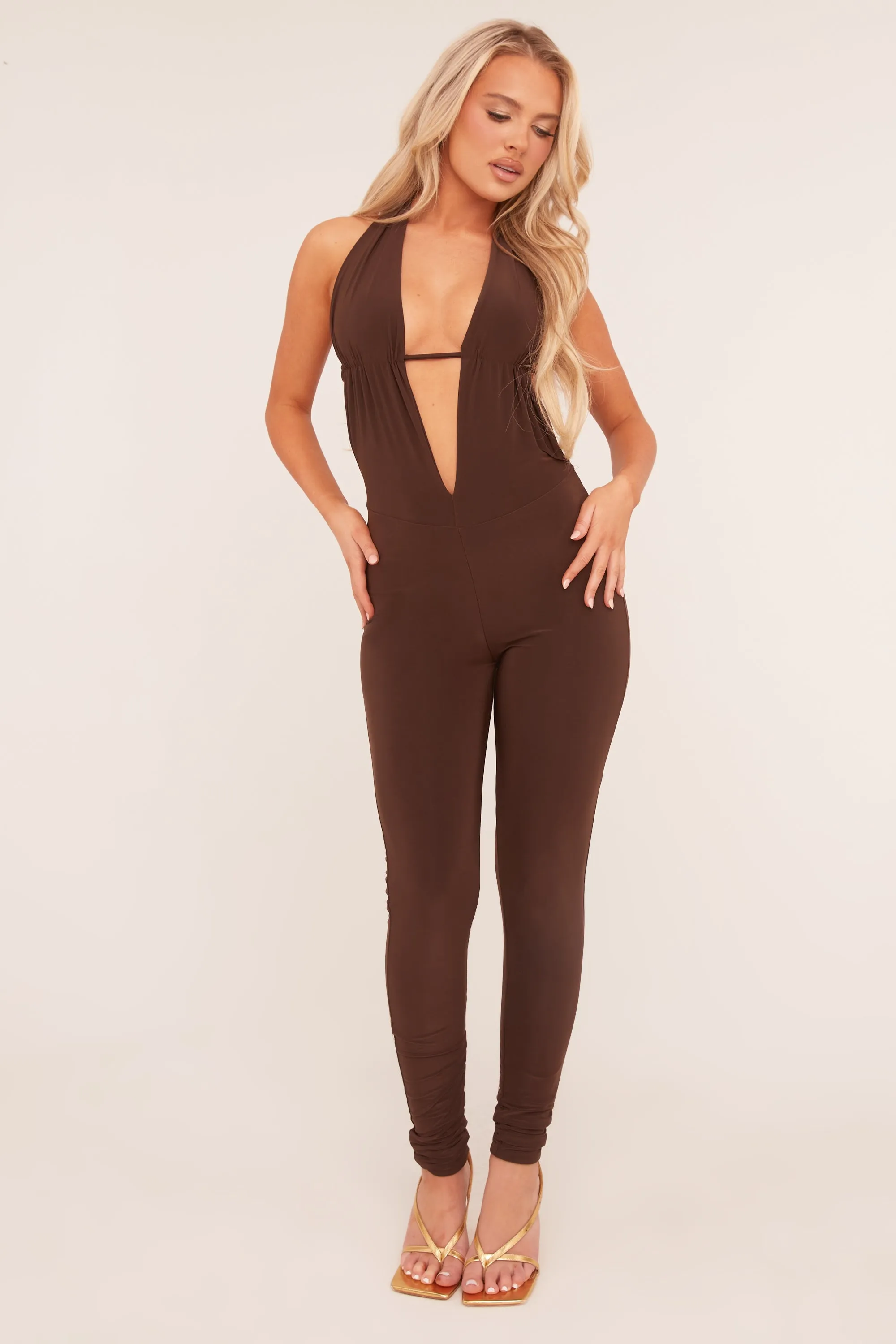 Brown Plunge Halter Neck Jumpsuit - Liliana sold by Rebellious Fashion product image thumbnail 2