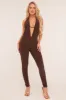 Brown Plunge Halter Neck Jumpsuit - Liliana sold by Rebellious Fashion