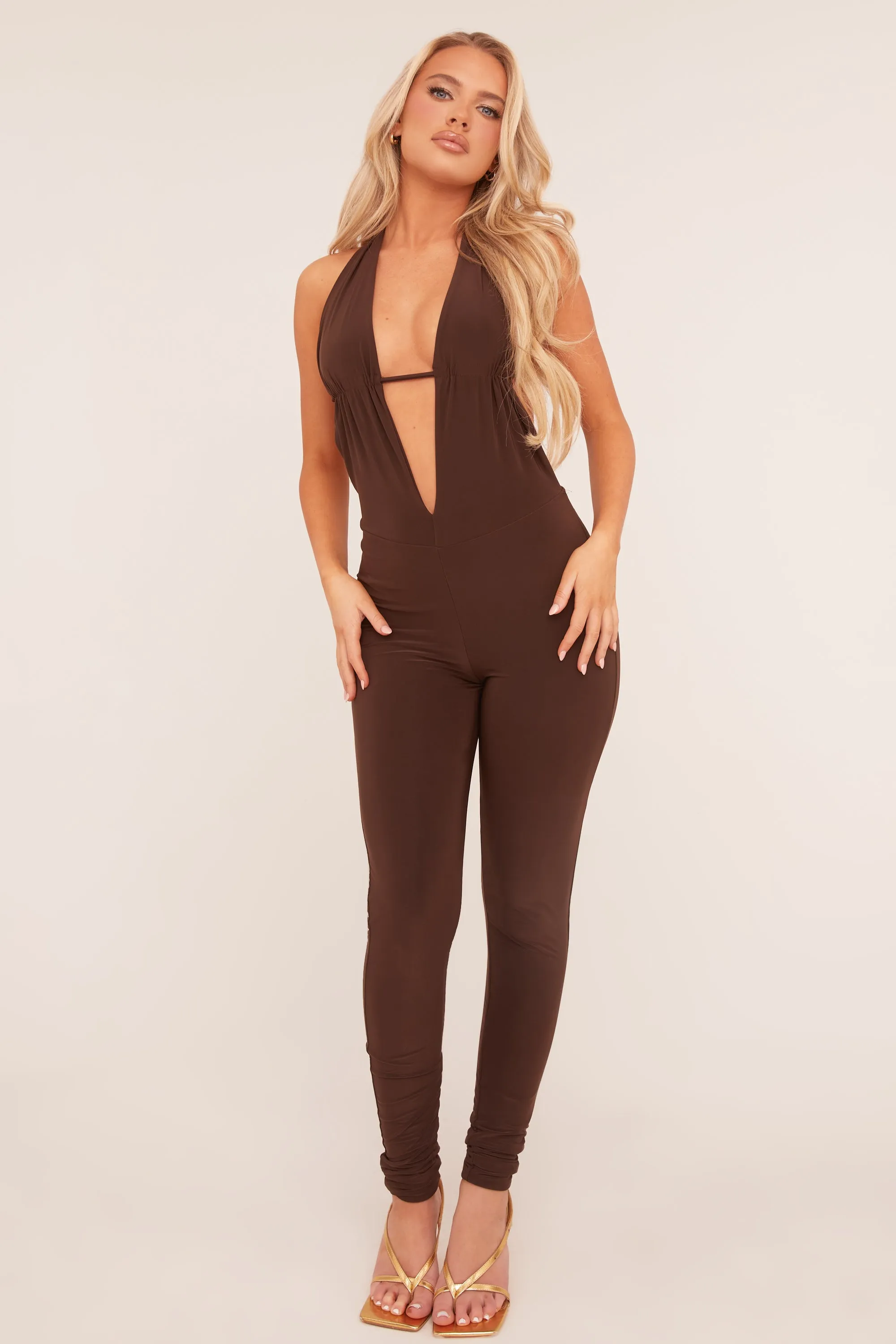 Brown Plunge Halter Neck Jumpsuit - Liliana sold by Rebellious Fashion product image thumbnail 3
