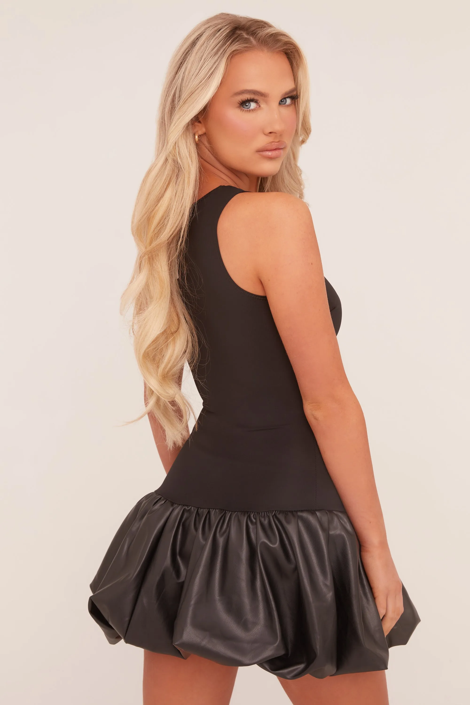 Black Faux Leather Puffball Hem Mini Dress - Myla sold by Rebellious Fashion product image thumbnail 5