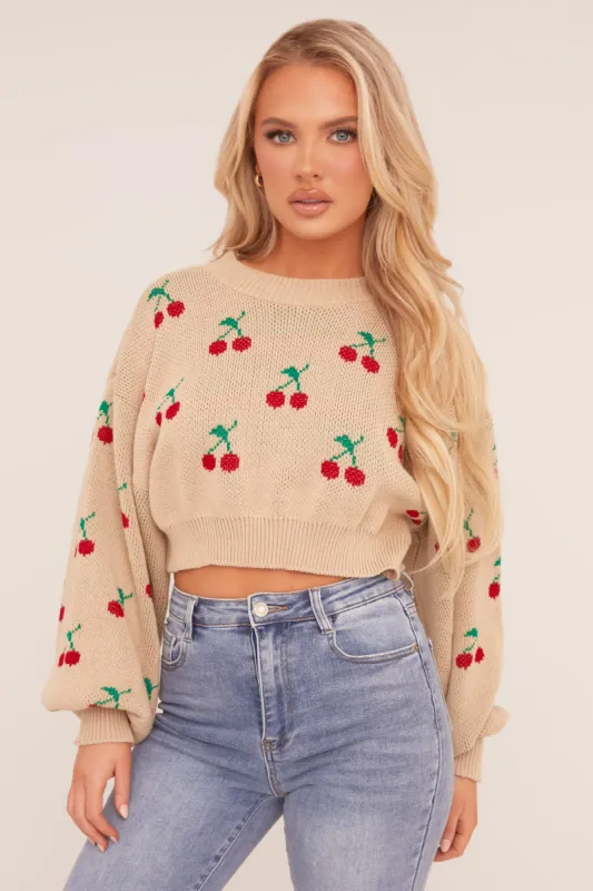 Beige Cherry Print Cropped Jumper - Emaline sold by Rebellious Fashion
